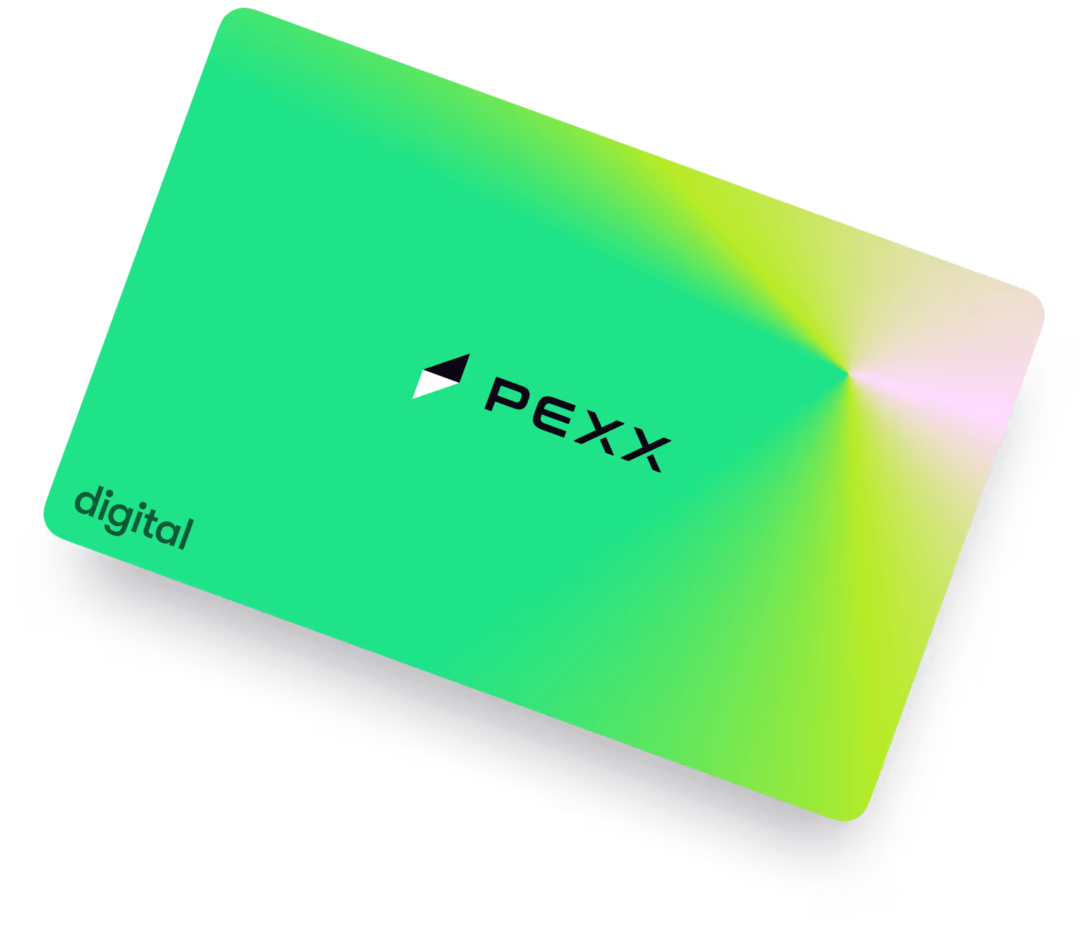 Green gradient digital Pexx Visa card angled on black background.