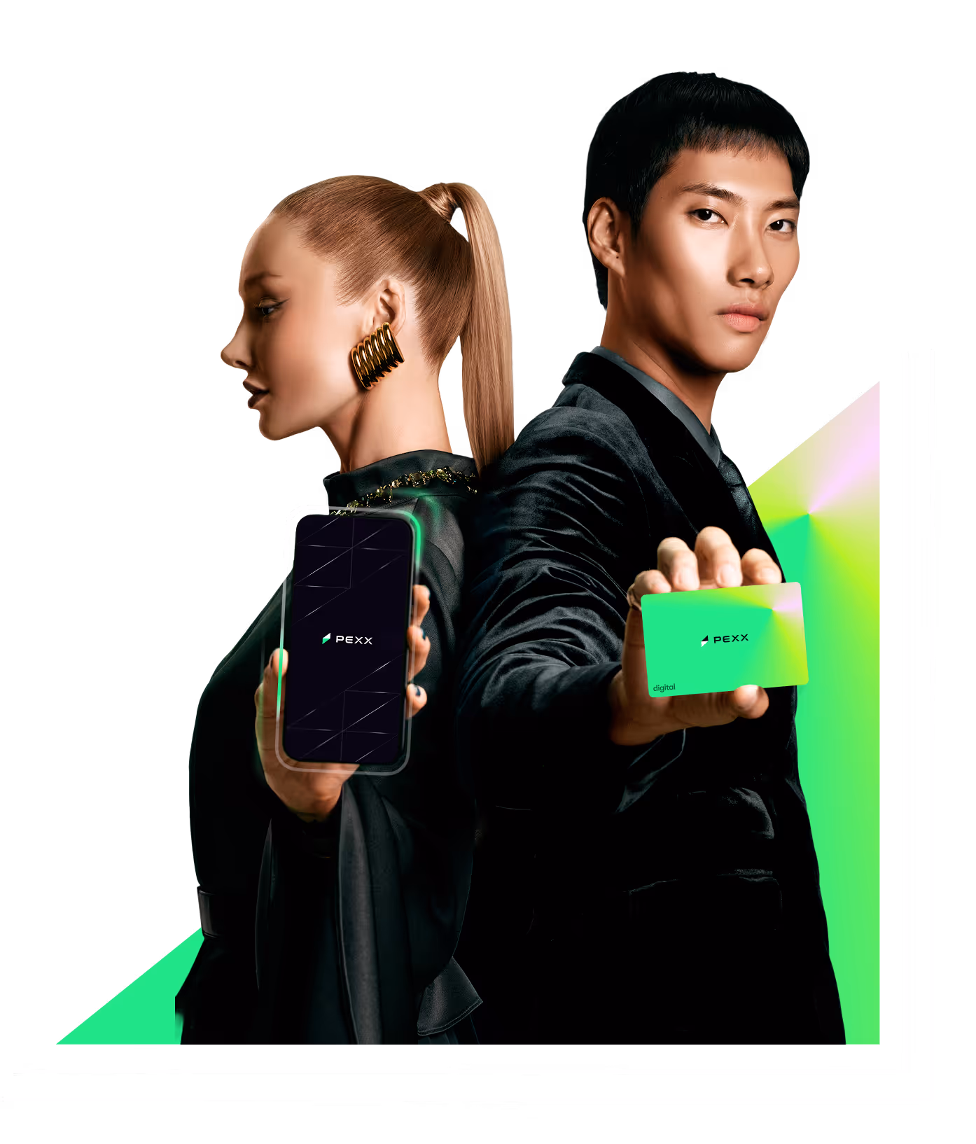 Woman holding a smartphone and man holding a green card, both displaying the PEXX logo, standing back to back.