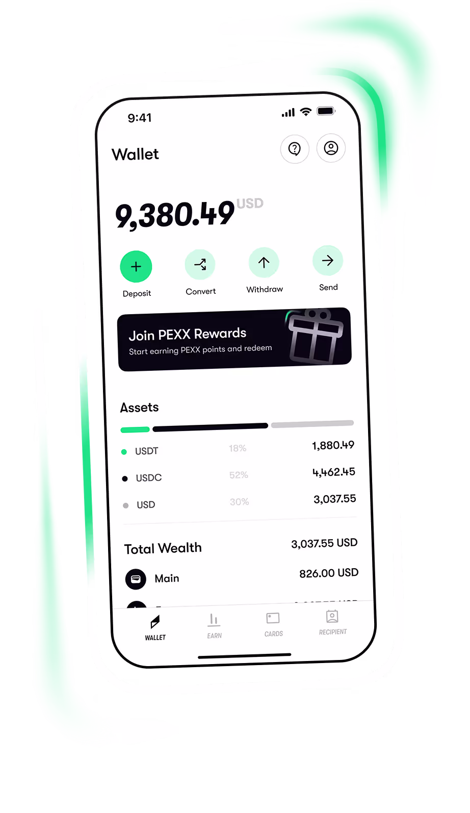 Mobile wallet app showing total balance of 9,380.49 USD with options to deposit, convert, withdraw, and send, plus details of assets and total wealth.