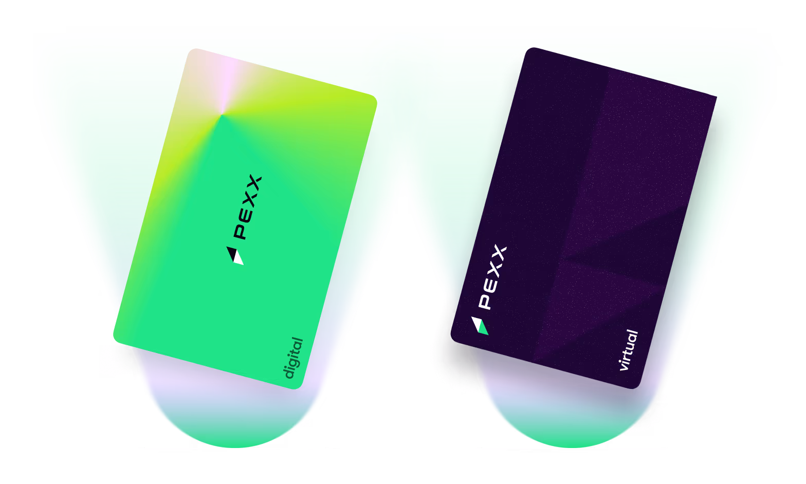 Two angled Pexx cards side by side: a green Visa digital card on the left and a dark purple Mastercard virtual card on the right.