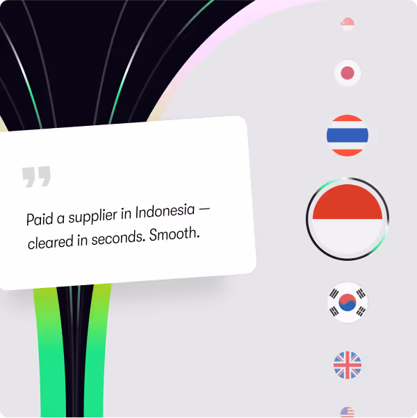 Quote saying 'Paid a supplier in Indonesia — cleared in seconds. Smooth.' with a highlighted Indonesian flag among other country flags.