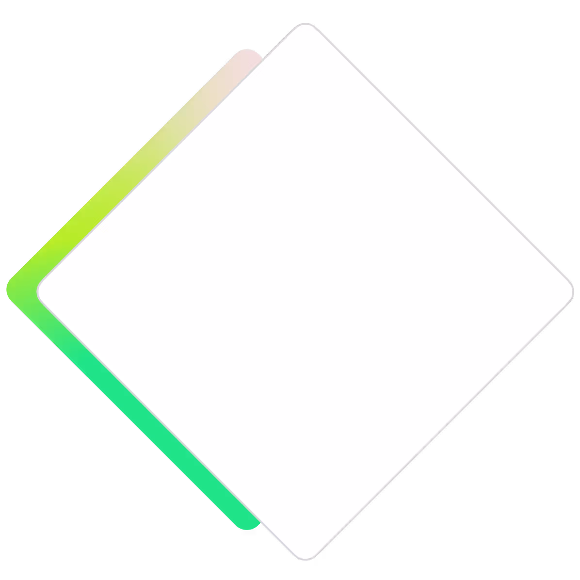 Two overlapping diamond-shaped cards with rounded corners, the back card in gradient green and yellow and the front card plain white.