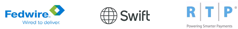 Logos of Fedwire, Swift, and RTP payment networks in a horizontal row.
