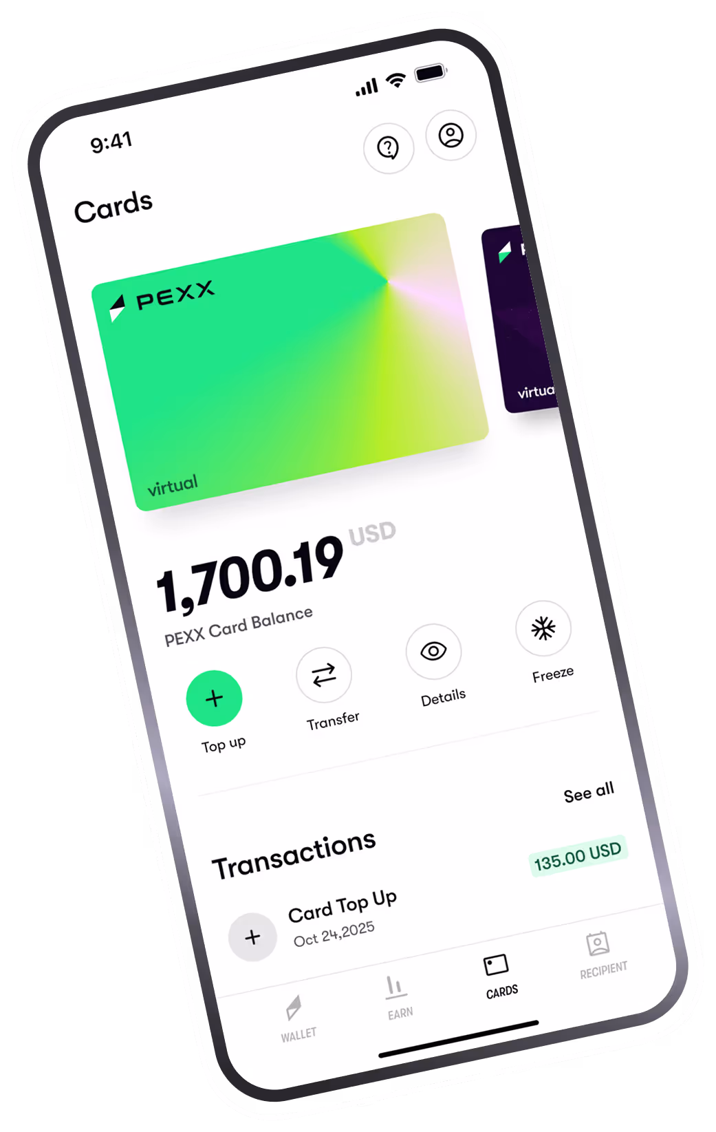 Mobile screen showing a virtual PEXX card with a balance of 1,700.19 USD, options to top up, transfer, view details, freeze card, and a recent transaction of 135.00 USD on October 24, 2025.
