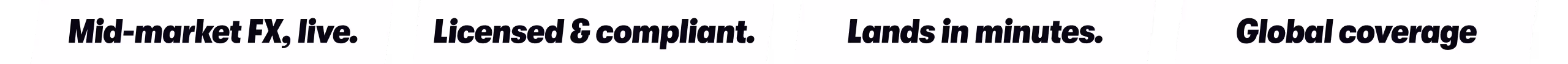 Four bold black text panels on white background reading: Mid-market FX, live; Licensed & compliant; Lands in minutes; Global coverage.