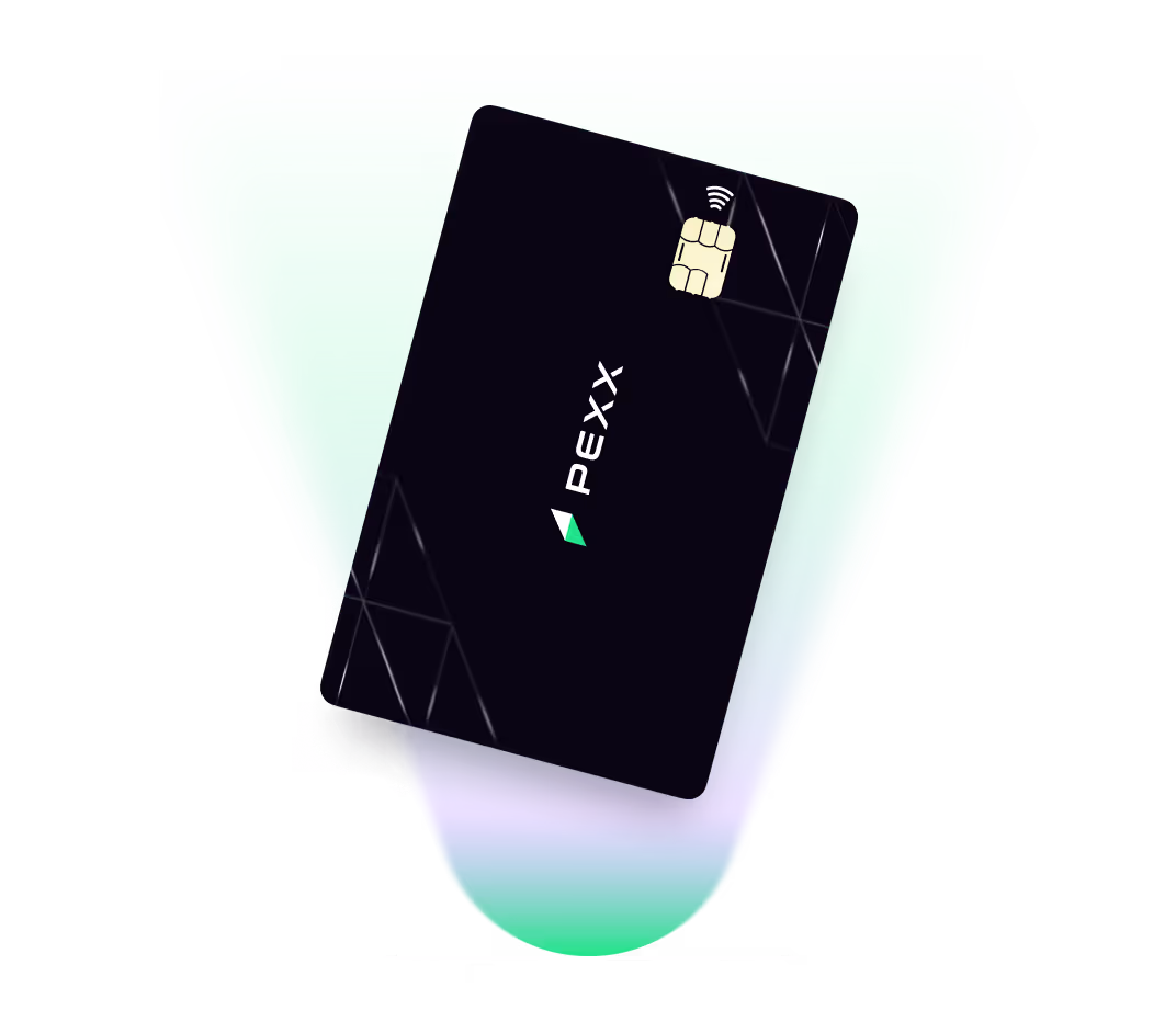 Black PEXX credit card with a chip and contactless payment symbol, displayed against a green and purple gradient background.