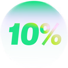 Circular badge with gradient background displaying bold text '10%'.