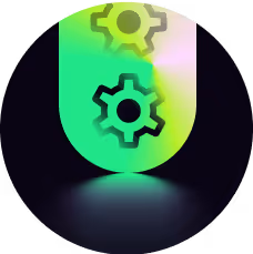 Green shield icon with two black gear symbols inside on a black background.