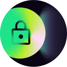 Black padlock icon centered on a glowing green and yellow circular gradient background against a dark backdrop.