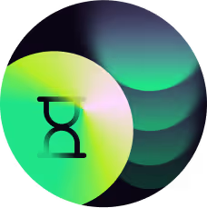 Abstract circular design with gradient shades of green and blue, featuring a stylized hourglass icon at the center.
