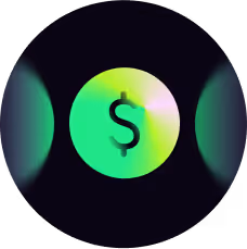Green and yellow gradient circle with a dollar sign in the center on a dark background.