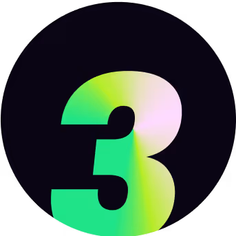 Large number 3 with a gradient of green and light purple on a black circular background.