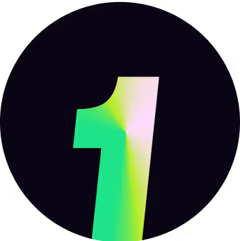 Large number one with gradient colors of green, yellow, and pink on a black circular background.
