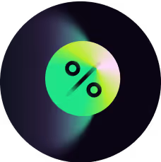 Glowing neon green percentage symbol inside a circular gradient on a dark background.