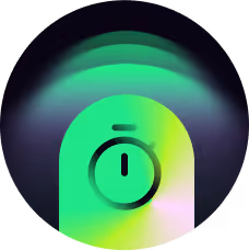 Glowing green and yellow stopwatch icon with radiating signal waves on a dark background.