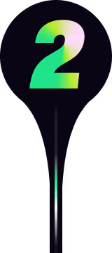 Neon green and pink number 2 on a black circular background with a vertical light streak below.