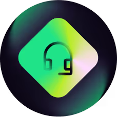 Green and black headset icon inside a rounded diamond shape on a dark gradient background.